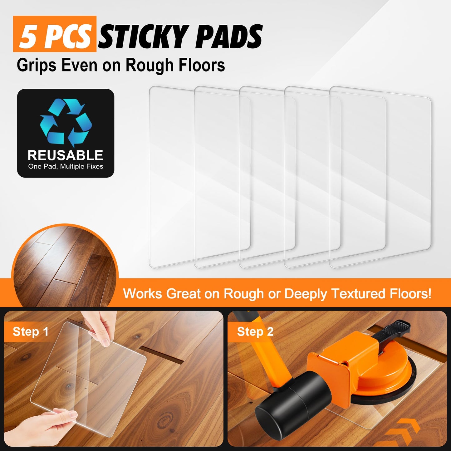 Floor Gap Fixer Tool Kit with Rubber Mallet & Suction Cup, Iron Body, 5 Sticky Pads for Laminate, Vinyl, Wood & Tile Flooring Repair