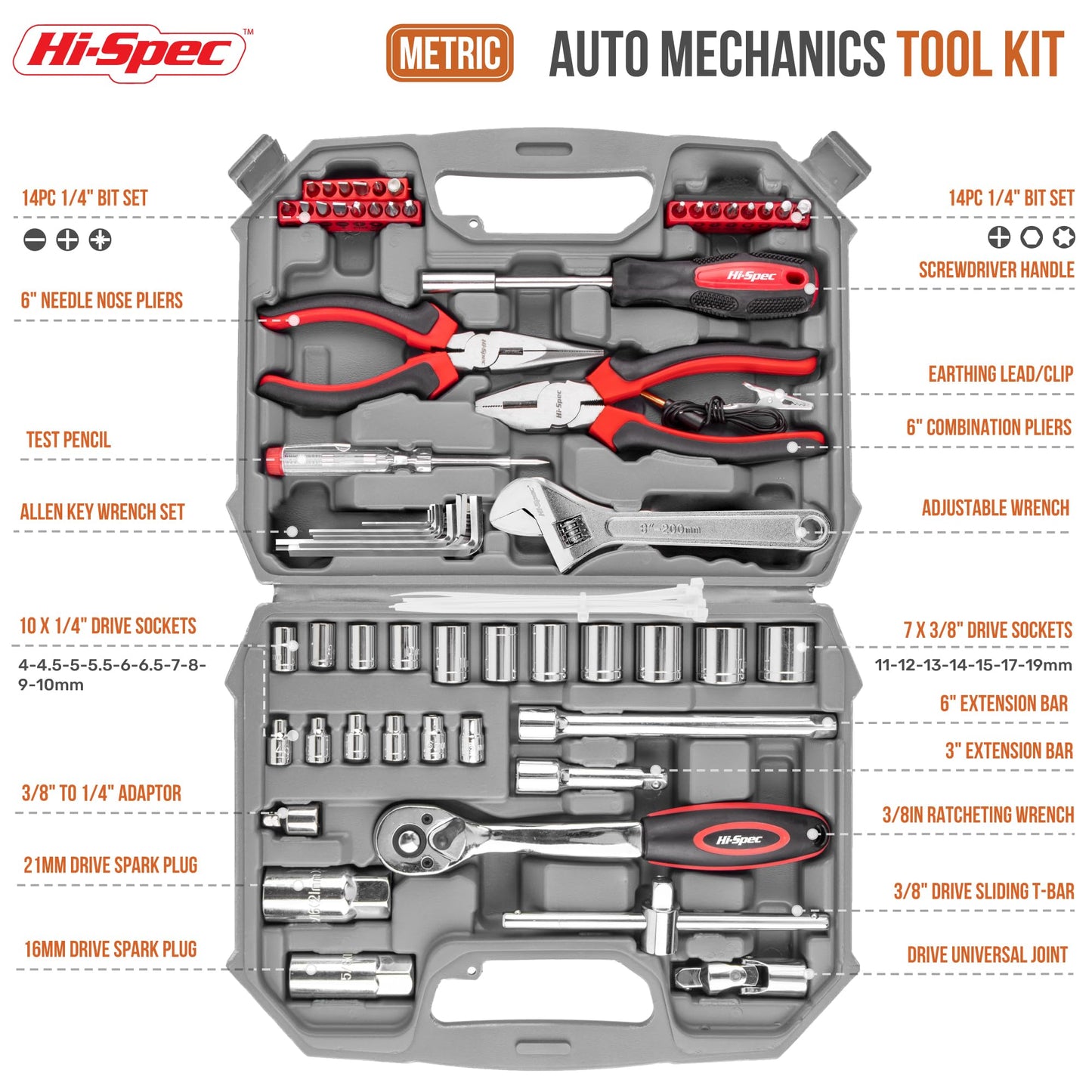 Hi-Spec 67Pc Metric Auto Mechanic Tool Set for Cars, Motorcycles & Trucks – Pliers, Screwdrivers, Sockets & Toolbox Case