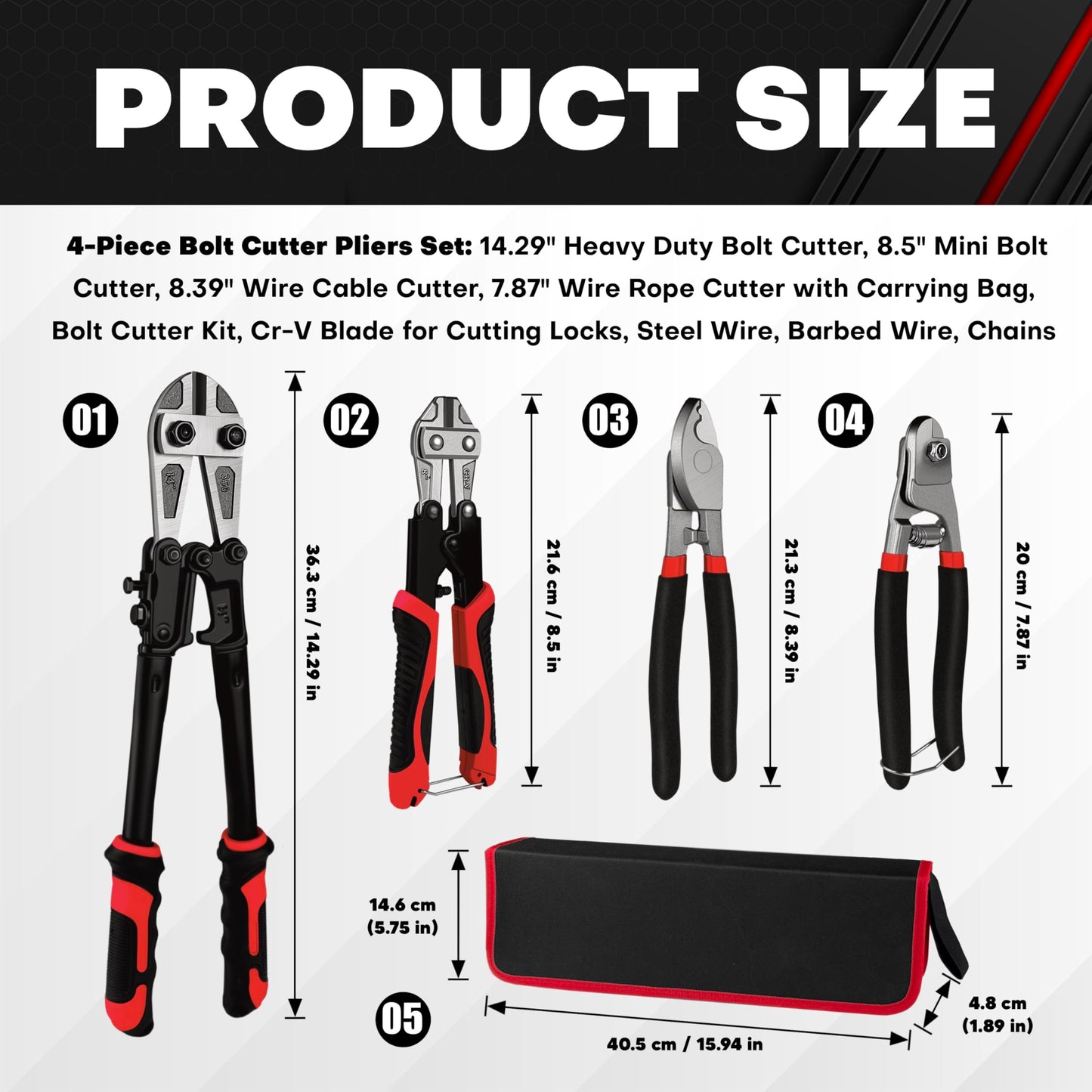 C&T 4-Piece Bolt Cutter & Pliers Set – 14” & 8” Bolt Cutters, 8” Wire Cable & Rope Cutters, Cr-V Blades, Carry Bag