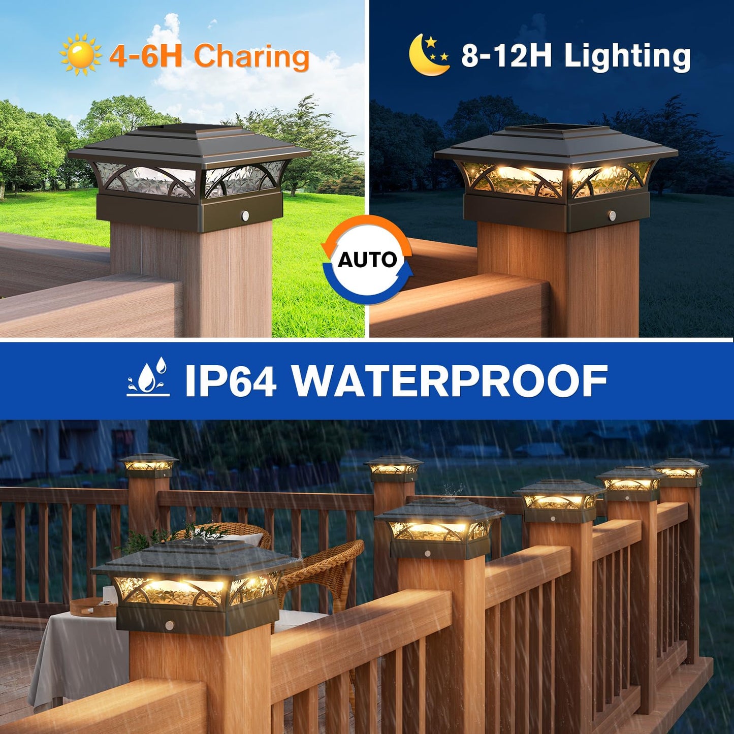 APONUO 12-Pack Solar Post Cap Lights for 4x4, 5x5, 6x6 Posts - Auto On/Off, IP64 Waterproof, Warm & Cool White, Deck & Yard Black Lights