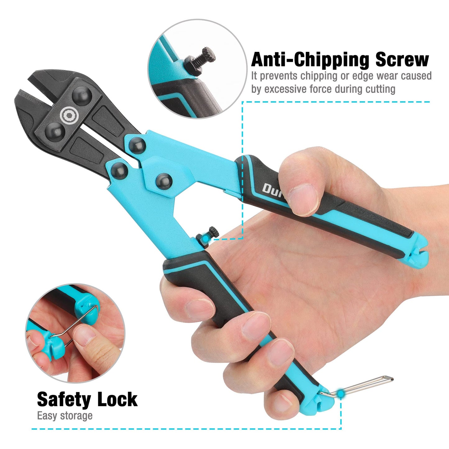 DURATECH 8" Mini Bolt Cutter with Ergonomic Bi-Material Handle, Chrome Vanadium Steel Blade, Security Lock for Wires, Cables & Chains