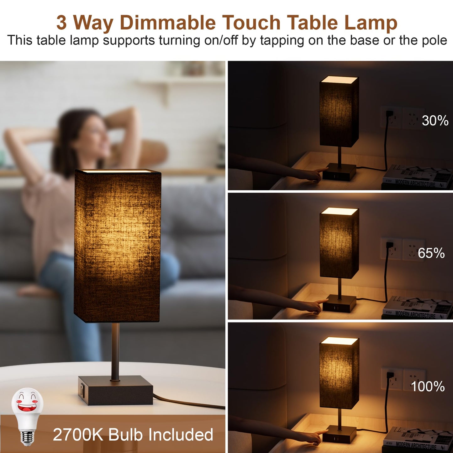 Sailstar Touch Table Lamp, 3-Way Dimmable Bedside Lamp with USB-C & USB-A Charging Ports, Black Nightstand Desk Lamp, Bulb Included