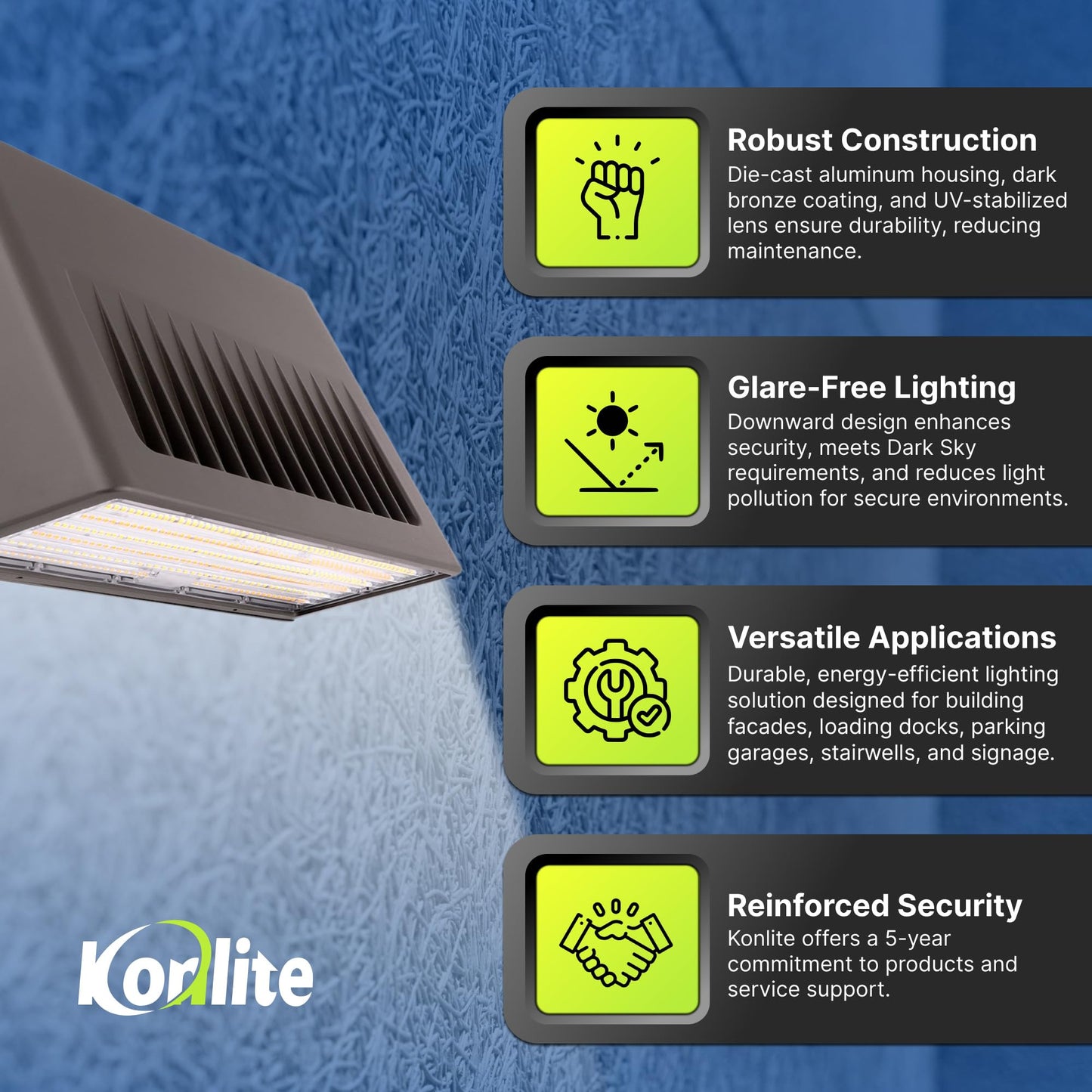 Konlite 125W/105W/76W LED Wall Pack Light, Selectable Wattage & CCT, Full-Cutoff, 20,812LM, Energy-Efficient Outdoor Commercial Light