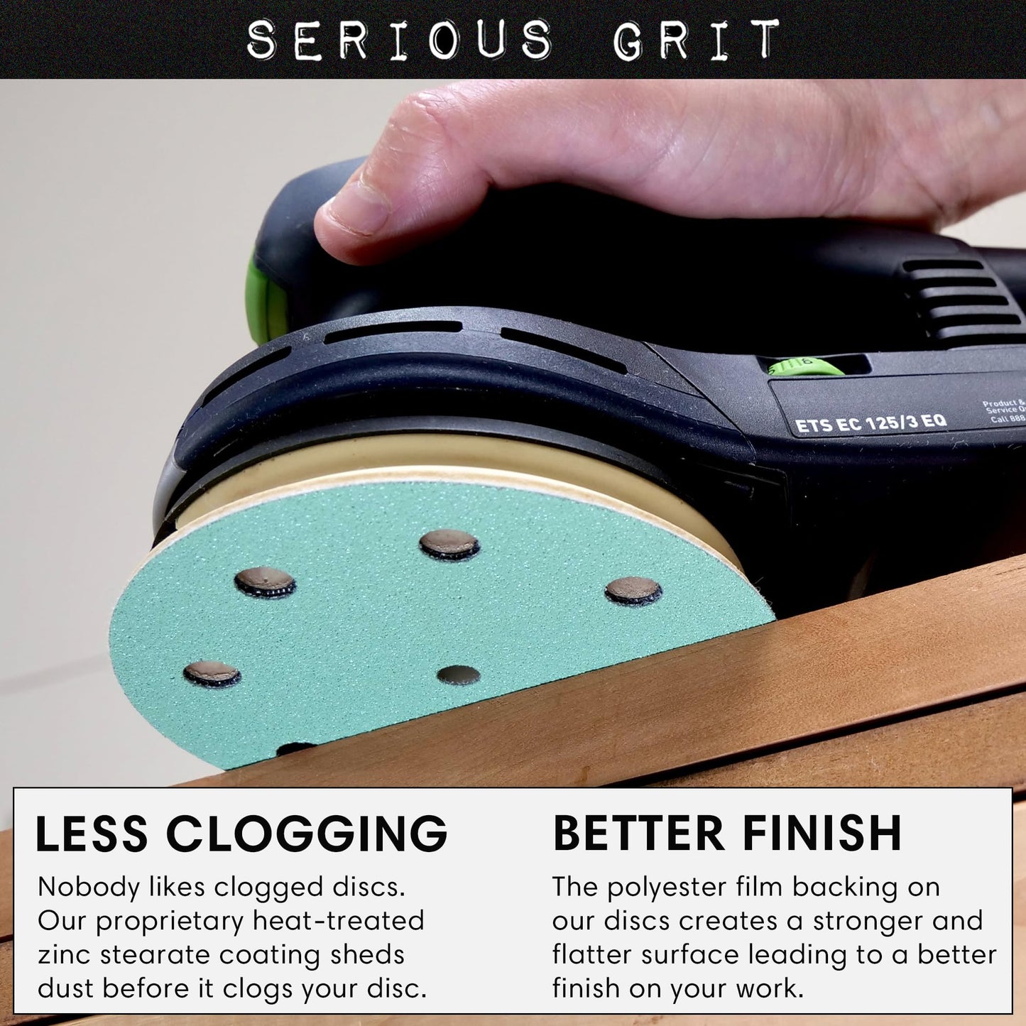 Serious Grit - 5-Inch 9-Hole 220 Grit Sanding Discs - Heavy-Duty Hook & Loop Film Discs - Sandpaper for Random Orbital Sanders - 50 Pack Box