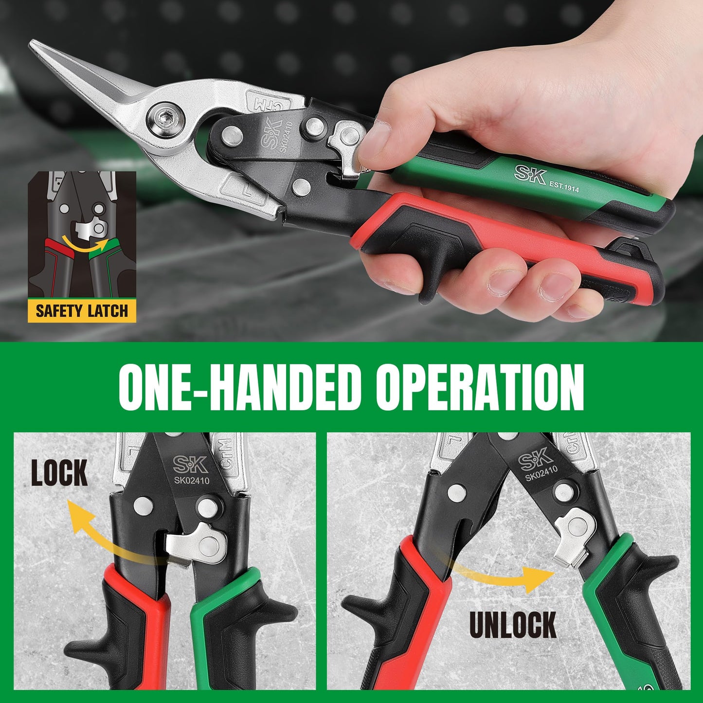 SK Aviation Tin Snips Set, Left, Right and Straight Cut, Cr-Mo Steel Blade, Anti-slip Handle and Safety Latch, for Cutting Sheet Metal