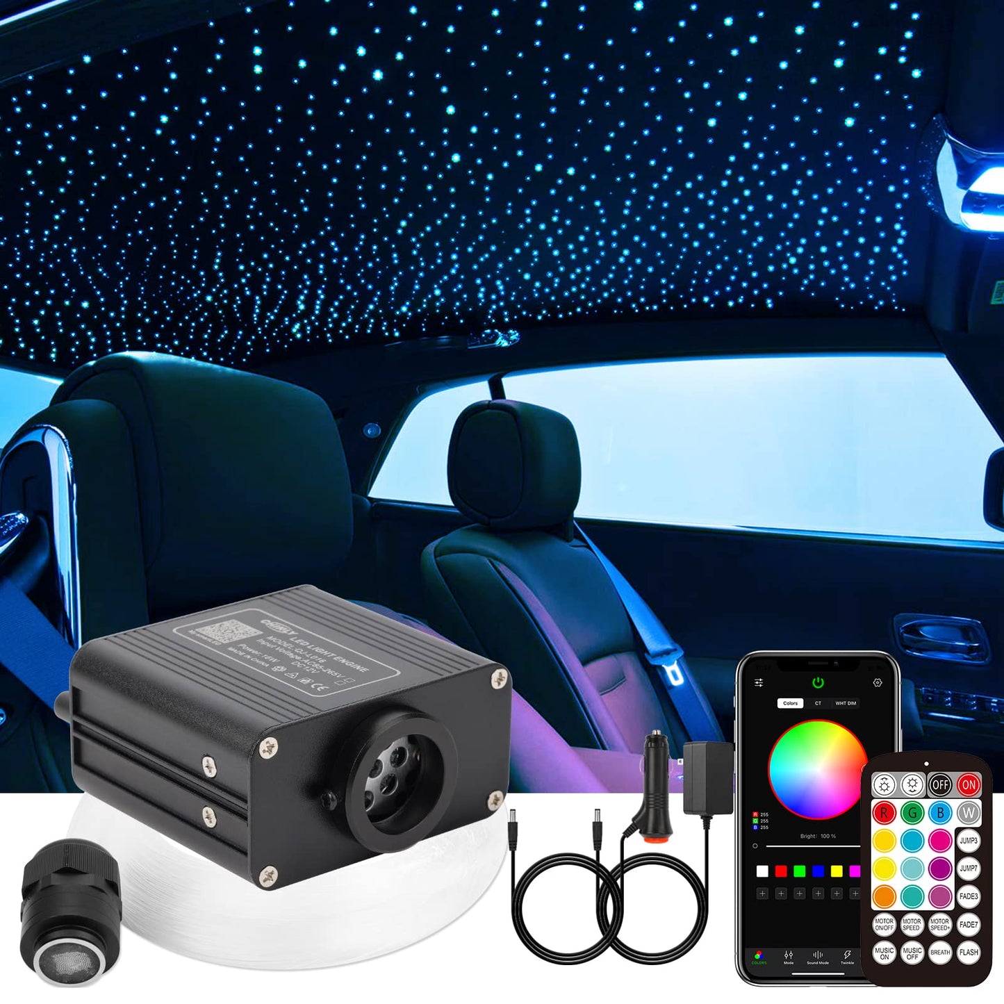 CHINLY 650pcs Fiber Optic Star Lights, 13.1ft RGBW Starlight Headliner Kit with Music Mode, Bluetooth APP & Remote Control