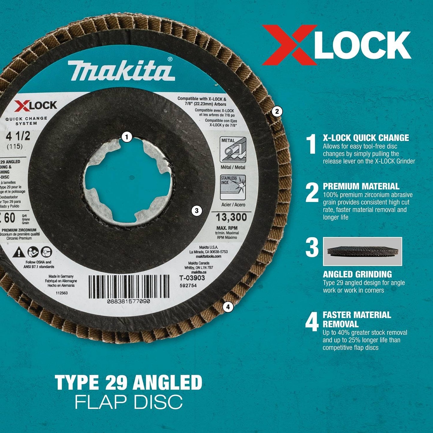 Makita T-03919 X-Lock 4‑1/2" 80 Grit Type 29 Angled Grinding and Polishing Flap Disc for X-Lock and All 7/8" Arbor Grinders