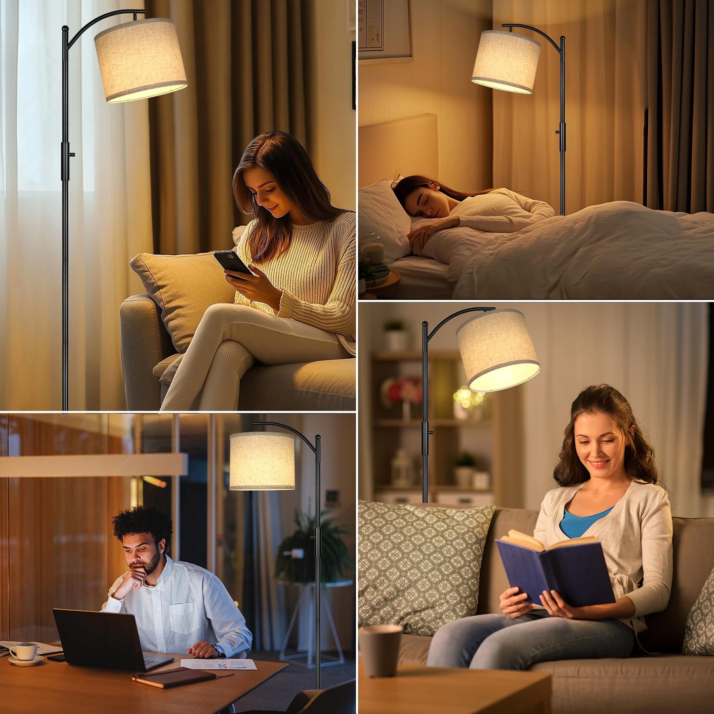 ROTTOGOON Dimmable Arc Floor Lamp, Stepless Dimming Modern Standing Lamp with Linen Shade for Living Room Bedroom Office, Black