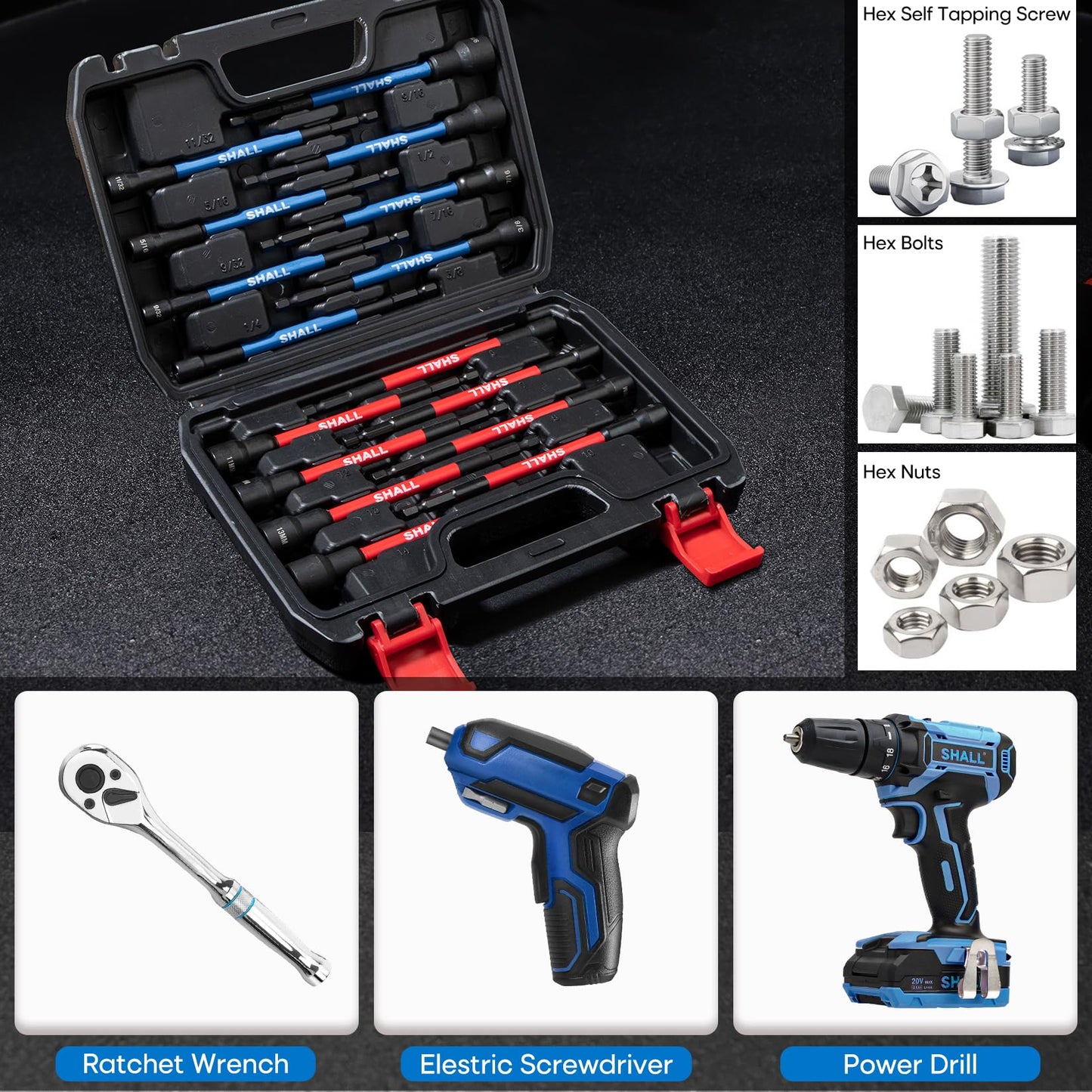 SHALL 16PCS Magnetic Nut Driver Set 6" Long, SAE & Metric, 1/4" Hex Shank, Impact Drill Bit Holder with Sturdy Tool Box