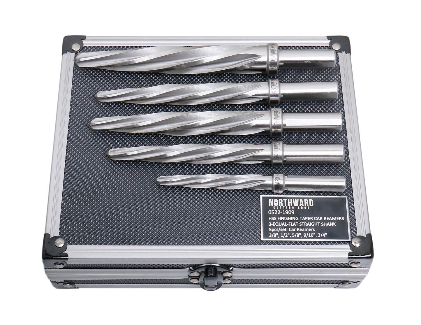 Accusize 5-Pc HSS Spiral Flute Car Reamer Set, 3/8"–3/4", Super Premium, Fits 3/8" or 1/2" Chuck, Aluminum Case