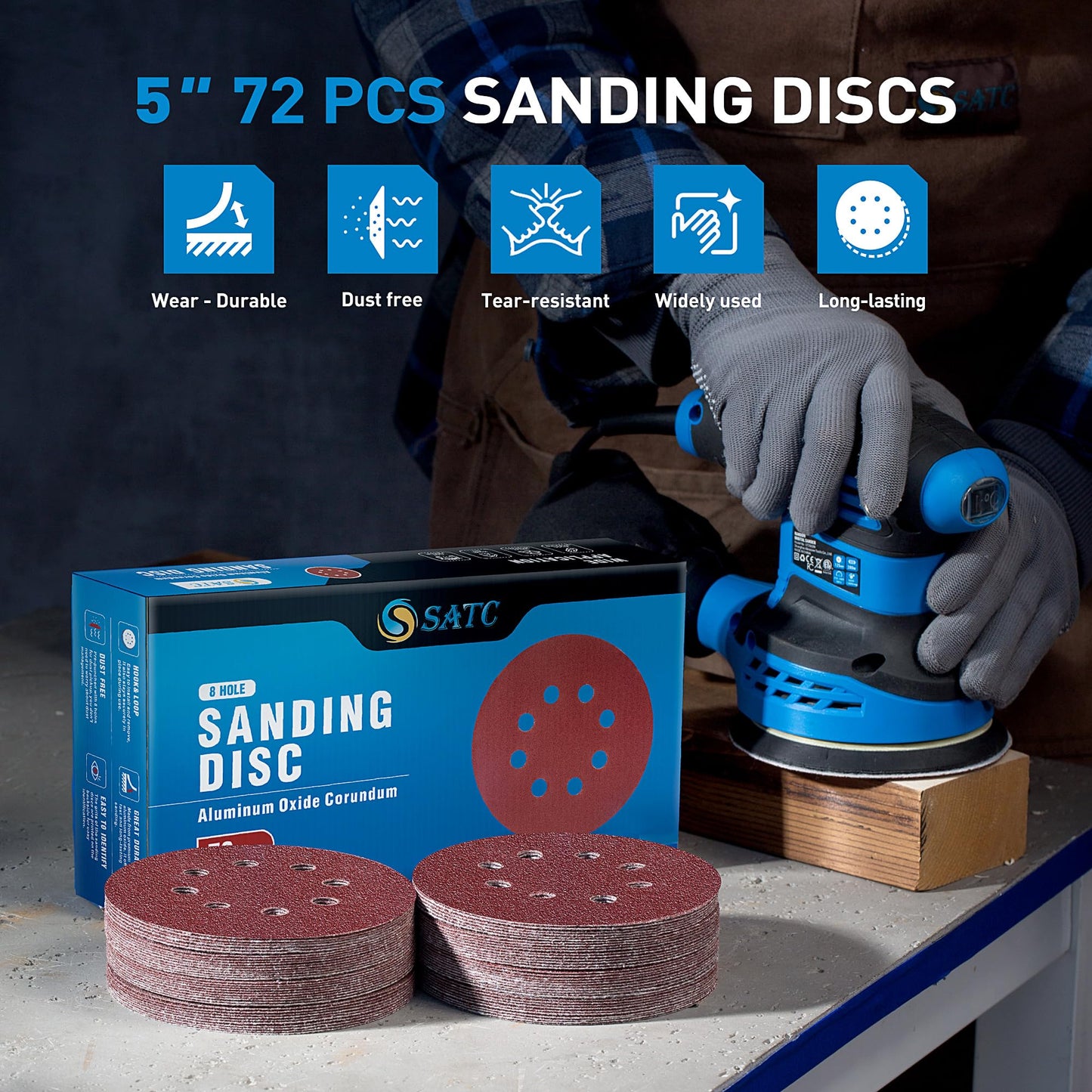 S SATC 72 PCS 5 Inch 8 Hole Hook and Loop Adhesive Sanding Discs Sandpaper for Random Orbital Sander 40 60 80 120 180 240 320 Grits