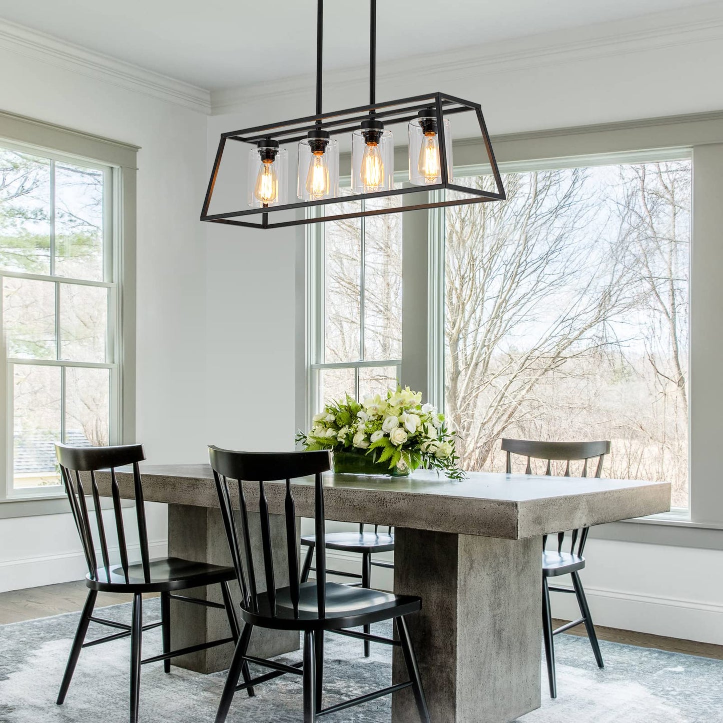Black Farmhouse Linear Chandelier for Dining Room, Rustic Kitchen Island Pendant Light, 4-Light Fixture with Glass Shades Over Table