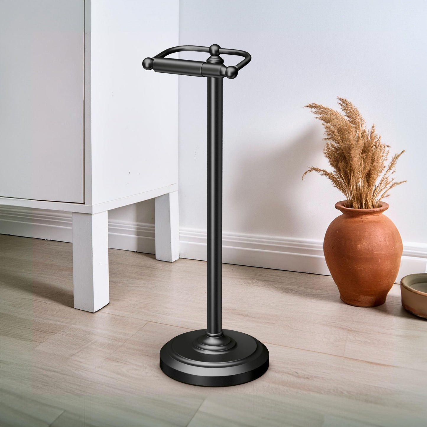 Gatco 1436MX, Freestanding Toilet Paper Holder, 22” H, Matte Black/Floor Standing Weighted Base Toilet Paper Holder Stand