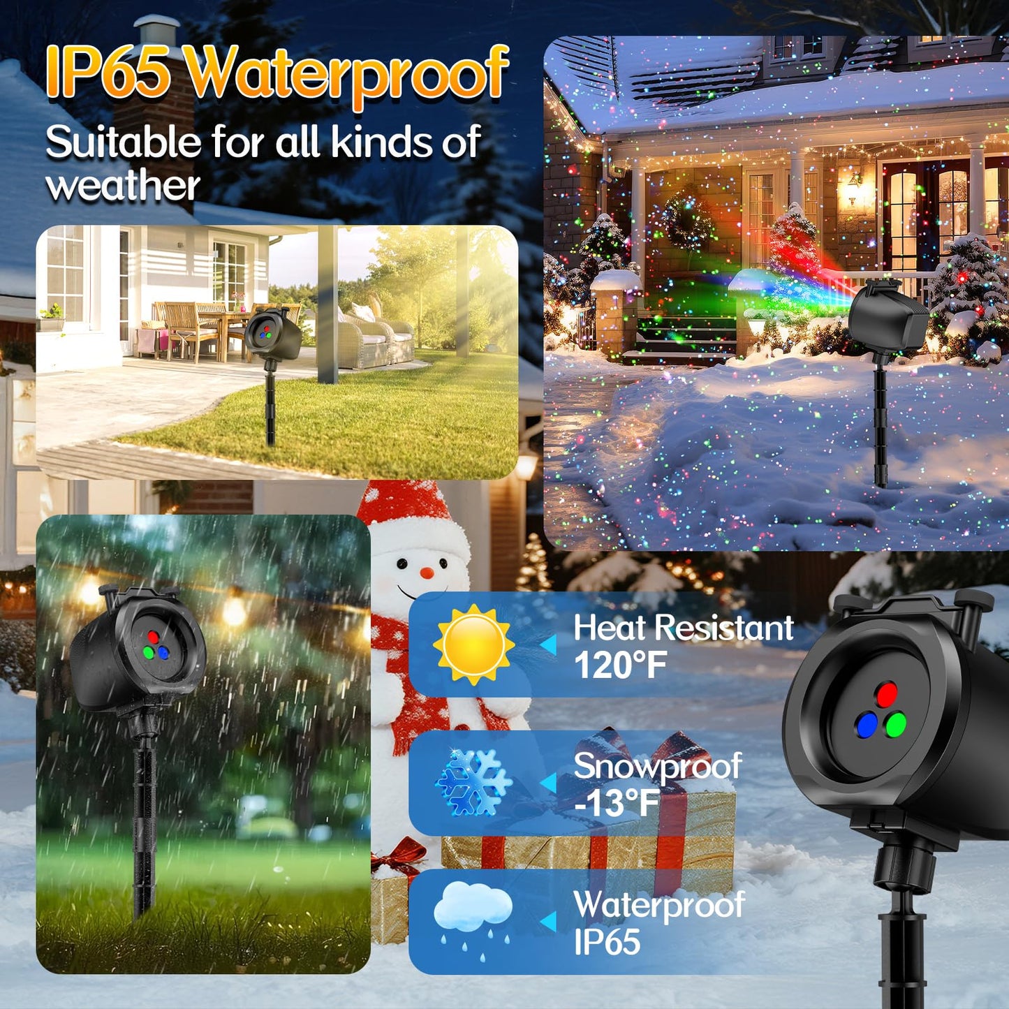 Christmas Lights Projector Outdoor, 2-in-1 Holiday Projector with 4 Slides & 8 HD RGB Moving Firefly Patterns for Yard & Garden