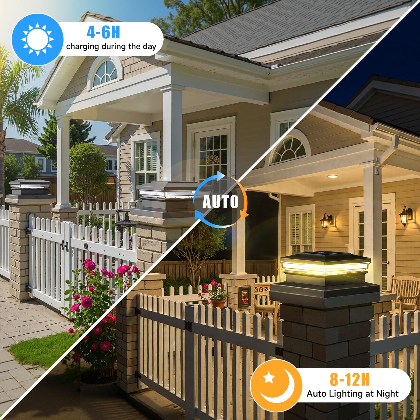 12-Pack Solar Post Cap Lights for 4x4, 5x5, 6x6 Posts – Warm & Cool White, Black Waterproof Outdoor Fence Lights for Garden Patio Porch