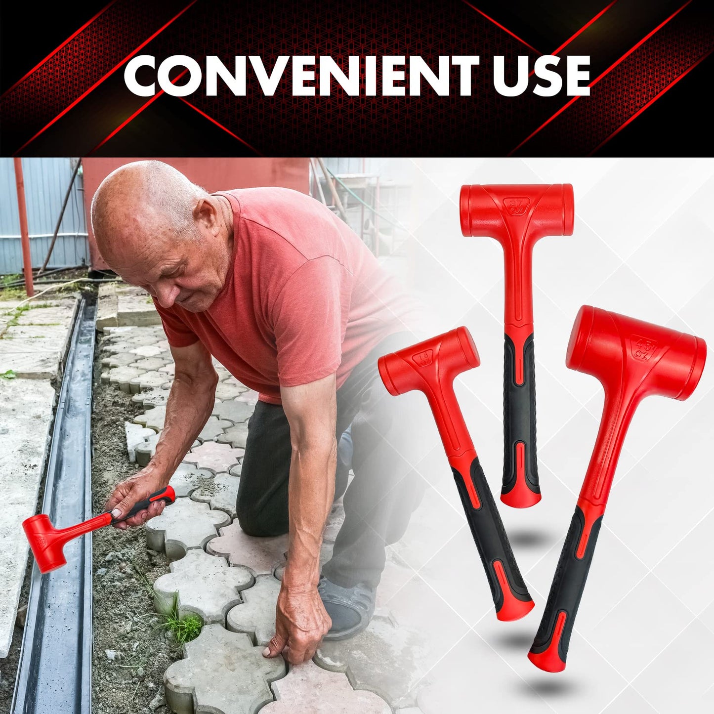 YIYITOOLS 3-Piece Dead Blow Hammer Set, 1-3LB, Shockproof Non-Rebound Mallet with Checkered Grip, Red & Black (YY-3-013)