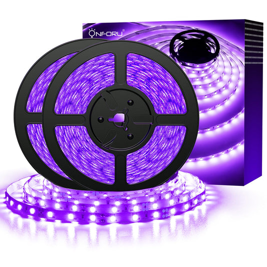 Onforu 32.8ft LED Black Light Strip, 600 Beads, 12V Flexible Ribbon, Non-Waterproof UV Glow Lights for Party, Indoor, Halloween, Body Paint