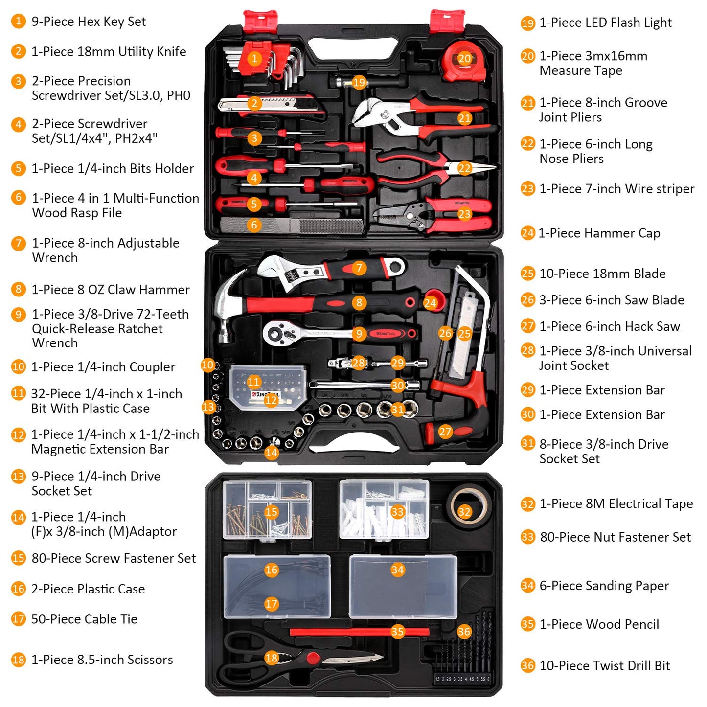 KingTool 325-Piece Home & Auto Repair Tool Kit with Toolbox Drawer, Complete Household Tool Set for DIY, Handyman, Homeowner
