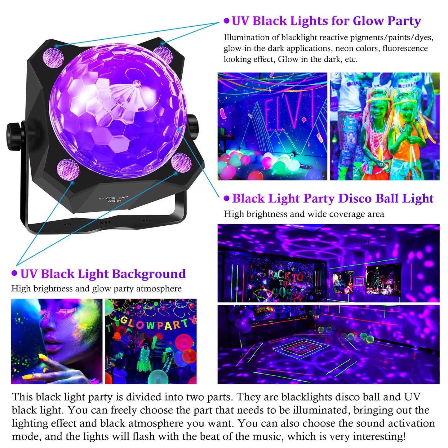 DJPTYGCK 2-in-1 Glow Party Black Light Disco Ball, Sound Activated Strobe DJ Light for Halloween, Christmas & Birthday Parties