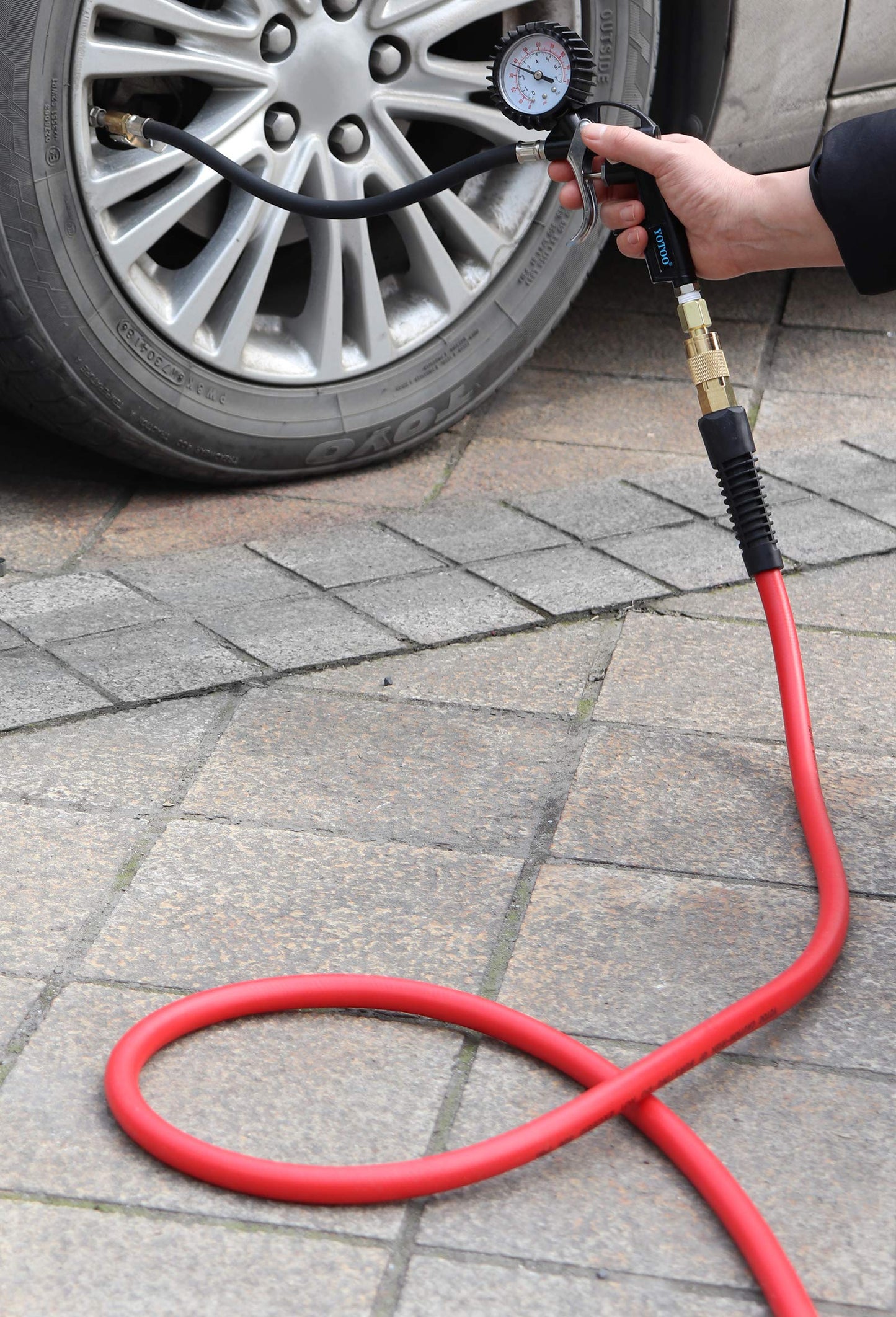 YOTOO 3/8" x 50ft Hybrid Air Hose, 300 PSI Heavy Duty, Kink-Resistant, All-Weather Flexible, Red with Brass Fittings & Bend Protectors