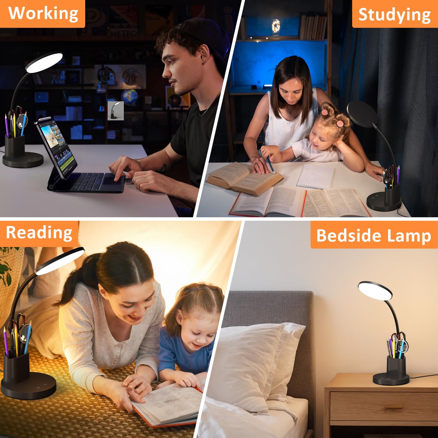 Vicsoon LED Desk Lamp for Home Office, Touch Control, 3 Color Modes, Dimmable 360° Adjustable Arm, Pen & Phone Holder, Black
