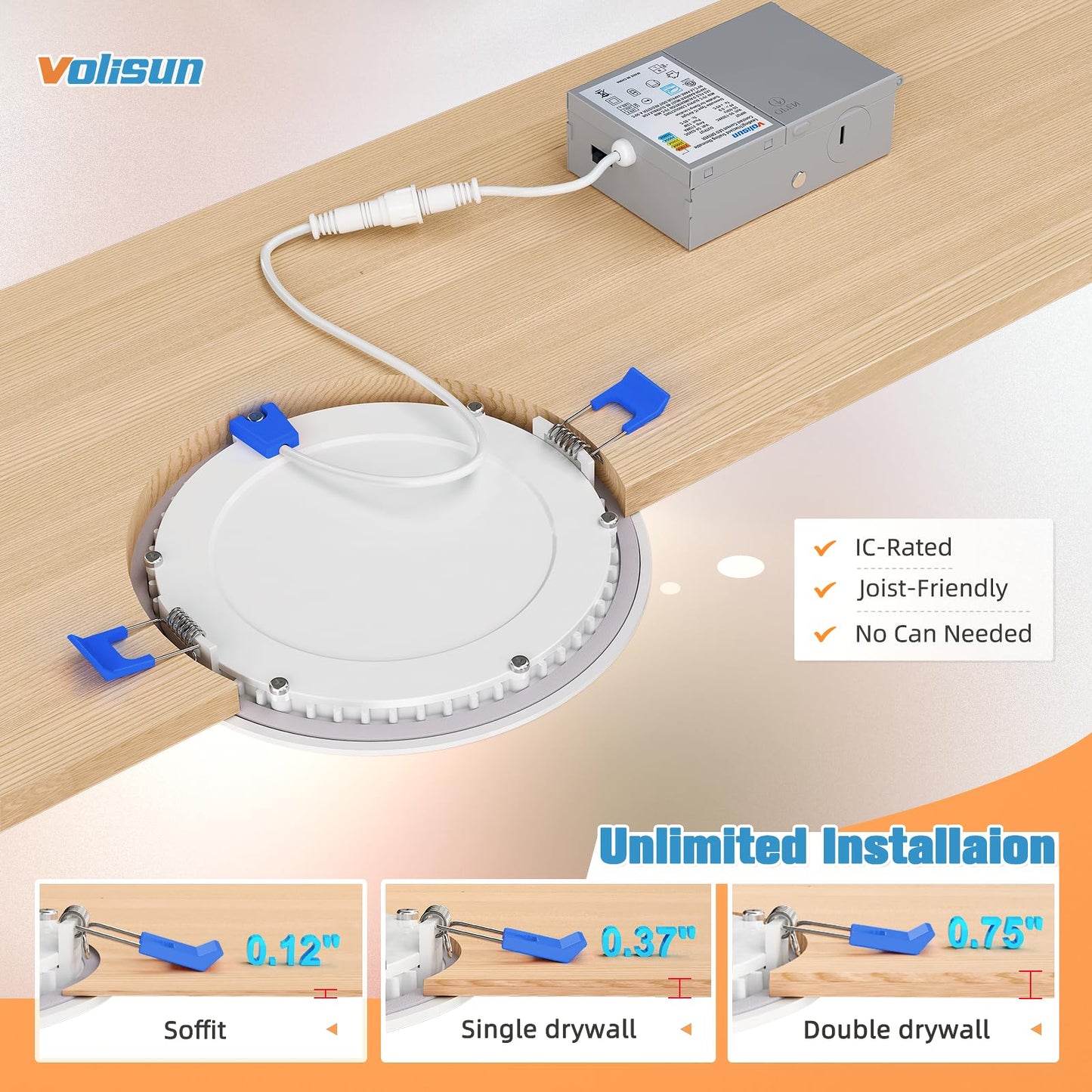 VOLISUN 12-Pack 6" LED Recessed Lights, 5CCT 2700K-5000K, 13W Dimmable Canless Wafer Downlight, 1080LM, ETL Certified