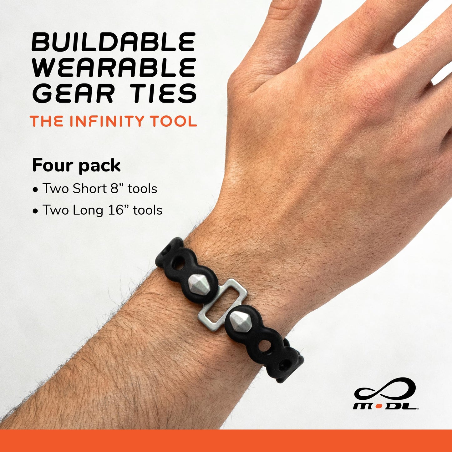 MODL Infinity Tool 2.0 (4-Pack) – Modular Utility Bracelet, Wearable Multi-Tool Strap for Outdoor, Survival, Camping, Travel, EDC (Black)