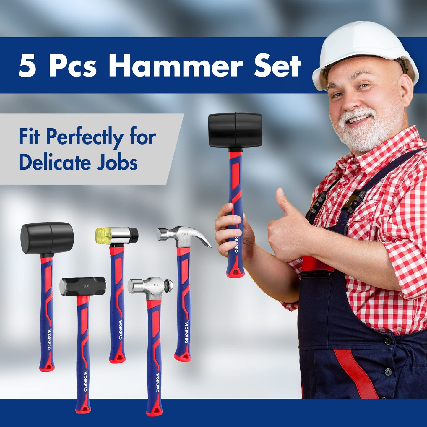 WORKPRO 5-Piece Hammer & Mallet Set – Forged Steel Heads, Fiberglass Handles: 32oz Rubber, 16oz Claw & Ball-Peen, 3lb Sledge, 22oz Double-Face