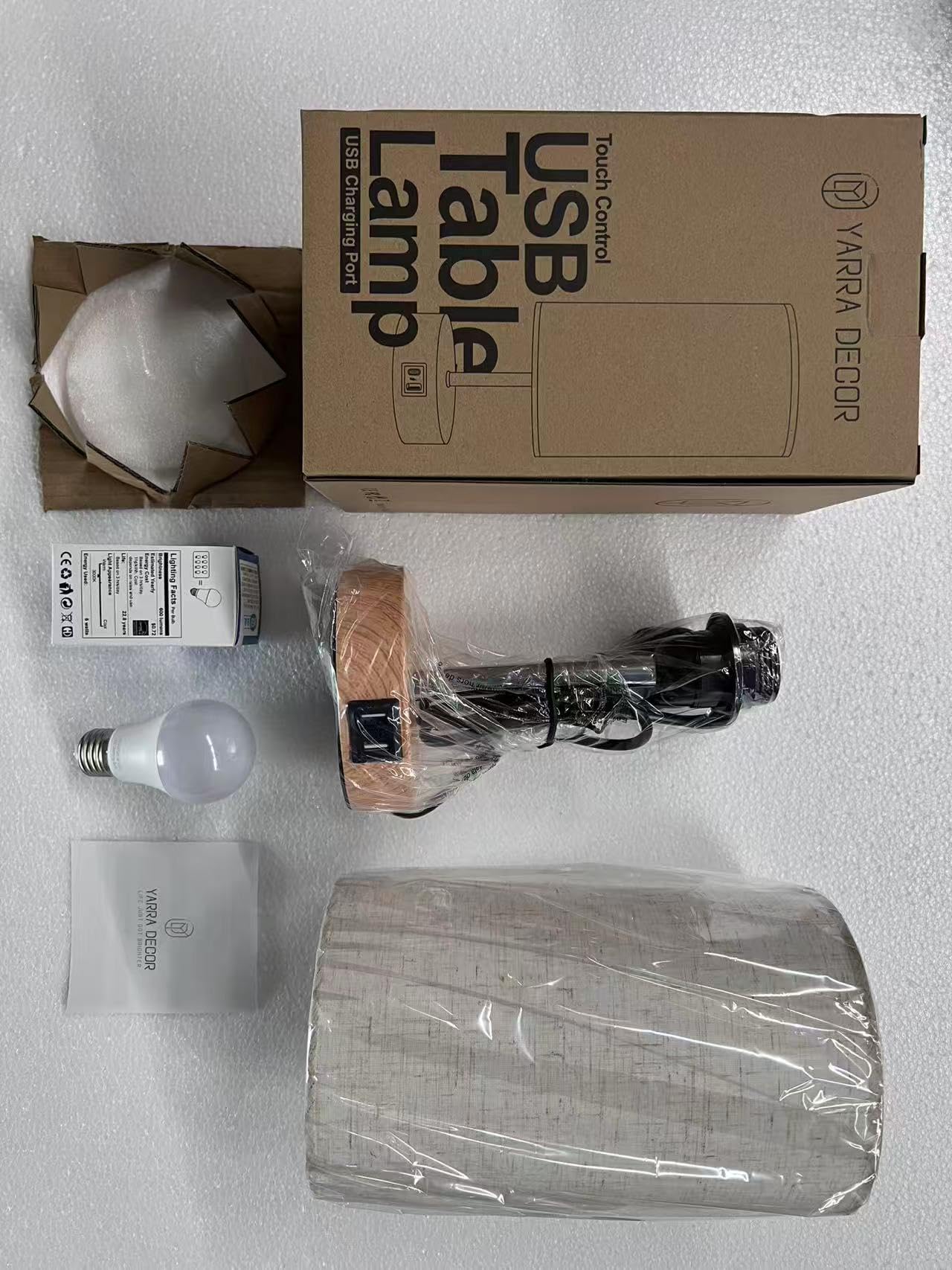 Yarra-Decor Touch Bedside Table Lamp with USB Port, Wood Base, 3-Way Dimmable Nightstand Lamp with Round Fabric Shade, LED Bulb Included