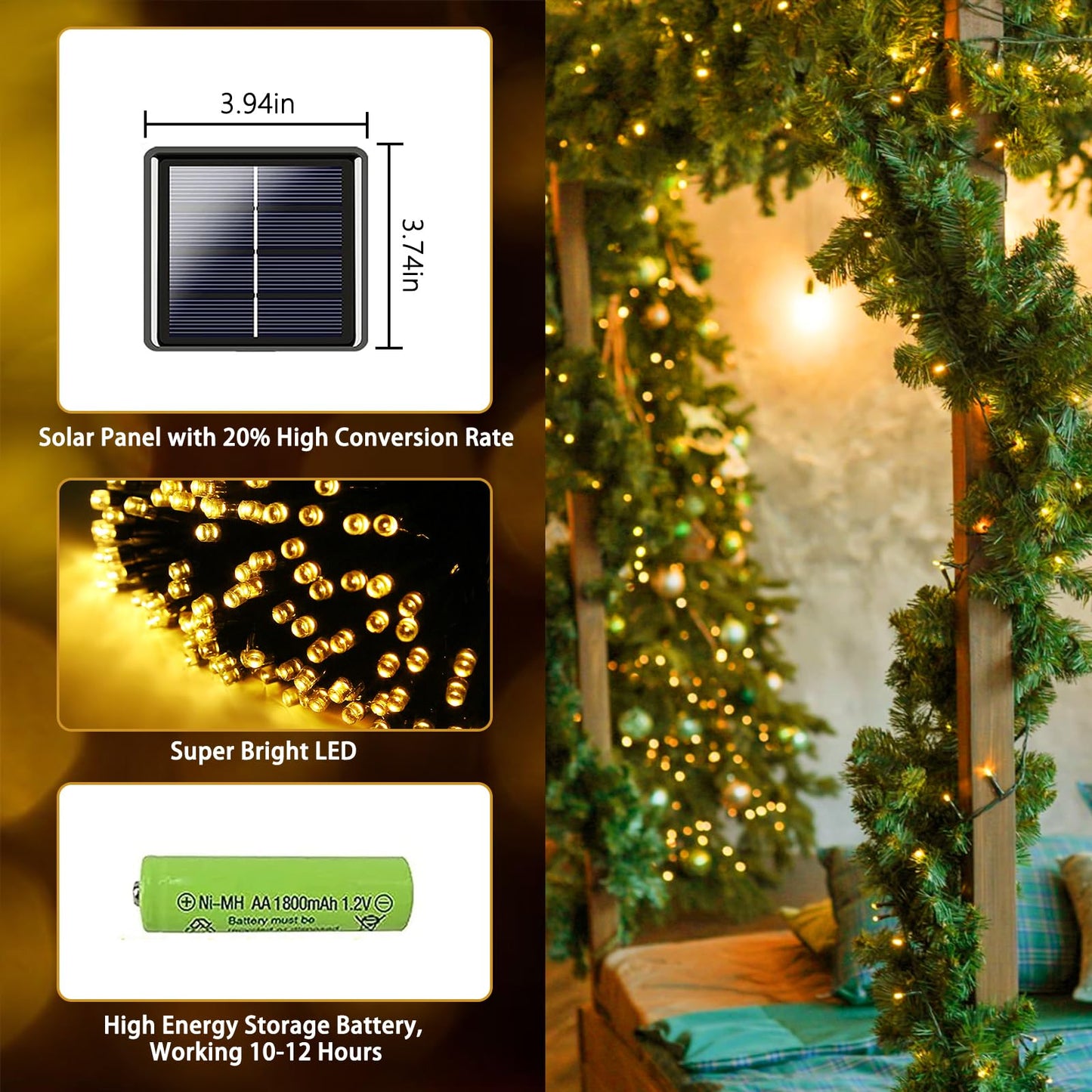 2-Pack 480 LED Solar String Lights, 170FT Outdoor Waterproof Twinkle Lights with 8 Modes & Memory for Christmas, Parties (Warm White)