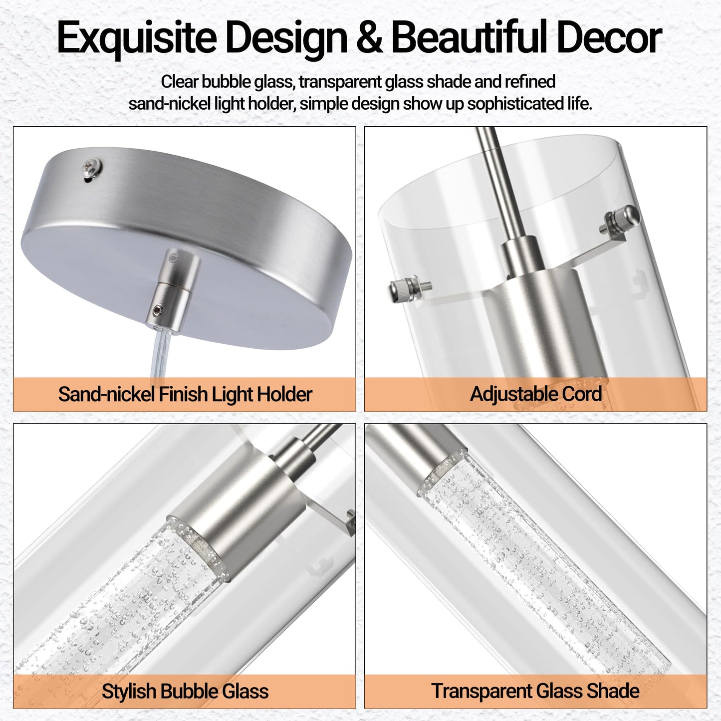 Esfos 1-Light LED Pendant Ceiling Light, Modern Crystal Bubble Glass Hanging Fixture for Kitchen Island, 3-Pack