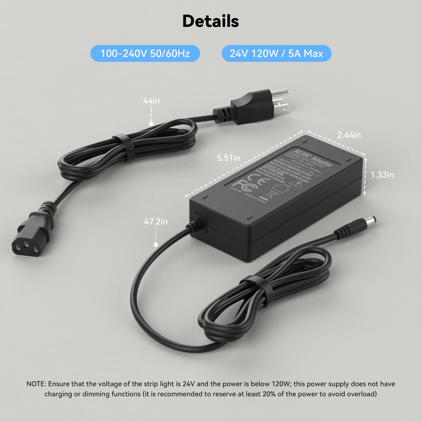 PAUTIX 24V DC Power Supply Adapter 24Volt 5A 120W AC to DC Converter Transformer 100-240V AC Input with 5.5 x 2.1mm US Plug for LED Strip, CCTV Camera