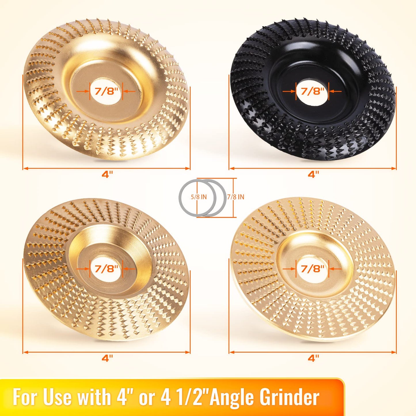 BLEKOO 4PC Wood Carving Disc Set for 4"/4.5" Angle Grinder, 5/8" Arbor, Stump Grinder & Wood Shaper Tools