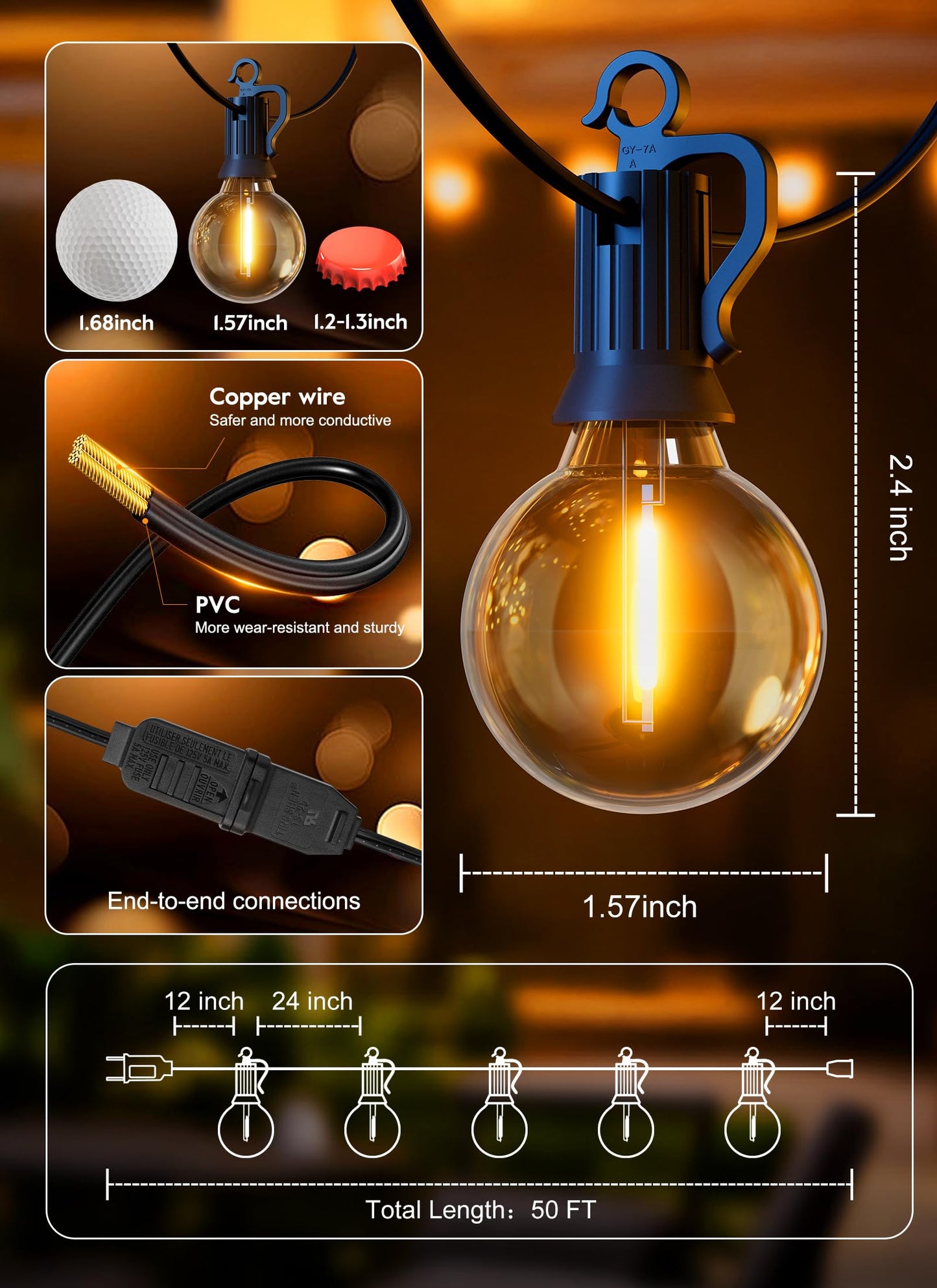 Brightown 50FT Outdoor String Lights with 25 G40 LED Bulbs, Shatterproof IP65 Waterproof, Dimmable Connectable Patio Globe Lights