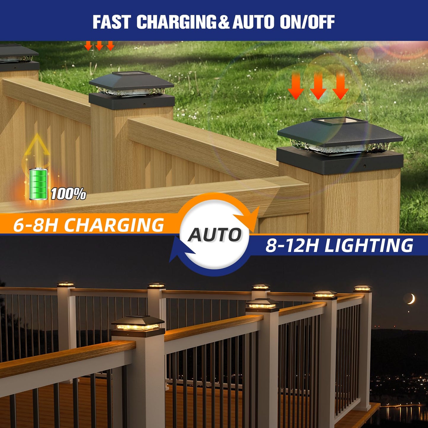 APONUO 4x4 Solar Post Cap Lights, 16 Pack Black – IP64 Waterproof Warm White LED, No-Wire Fence & Deck Lights for Patio & Garden