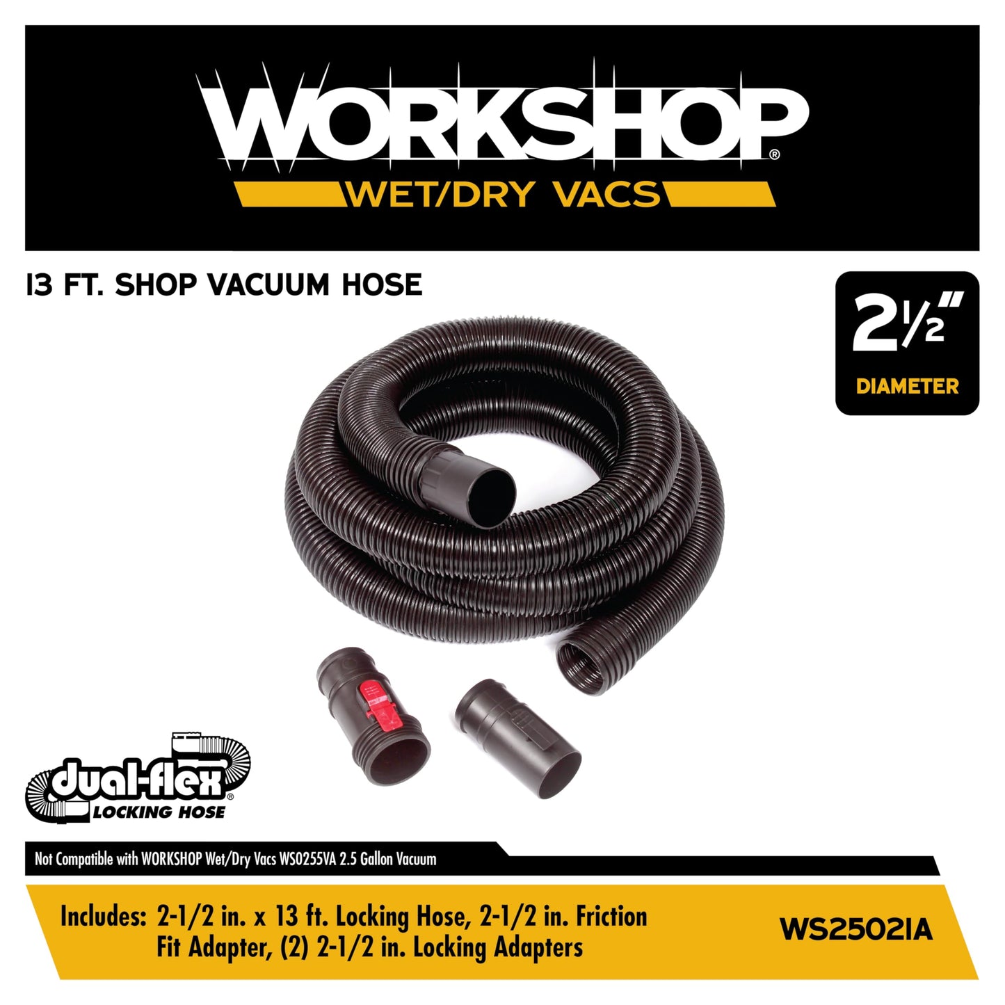WORKSHOP Wet/Dry Vacs Shop Vacuum Accessories WS25021A Long Hose Attachment, 2-1/2-inch x 13-feet Locking Hose for Wet Dry Shop Vacuum Cleaners