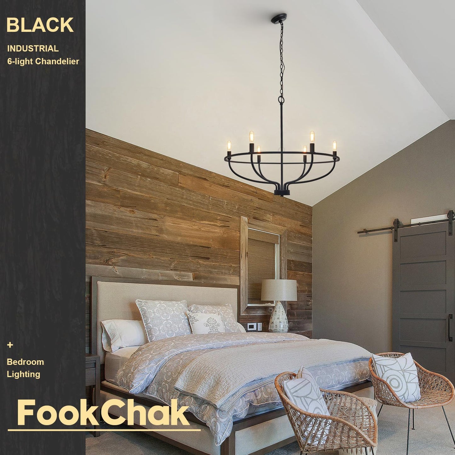 **FookChak 6-Light Farmhouse Black Chandelier, Metal Candle Dining Room Light Fixture for Kitchen, Living Room, Bedroom, Entryway, 28.54in**