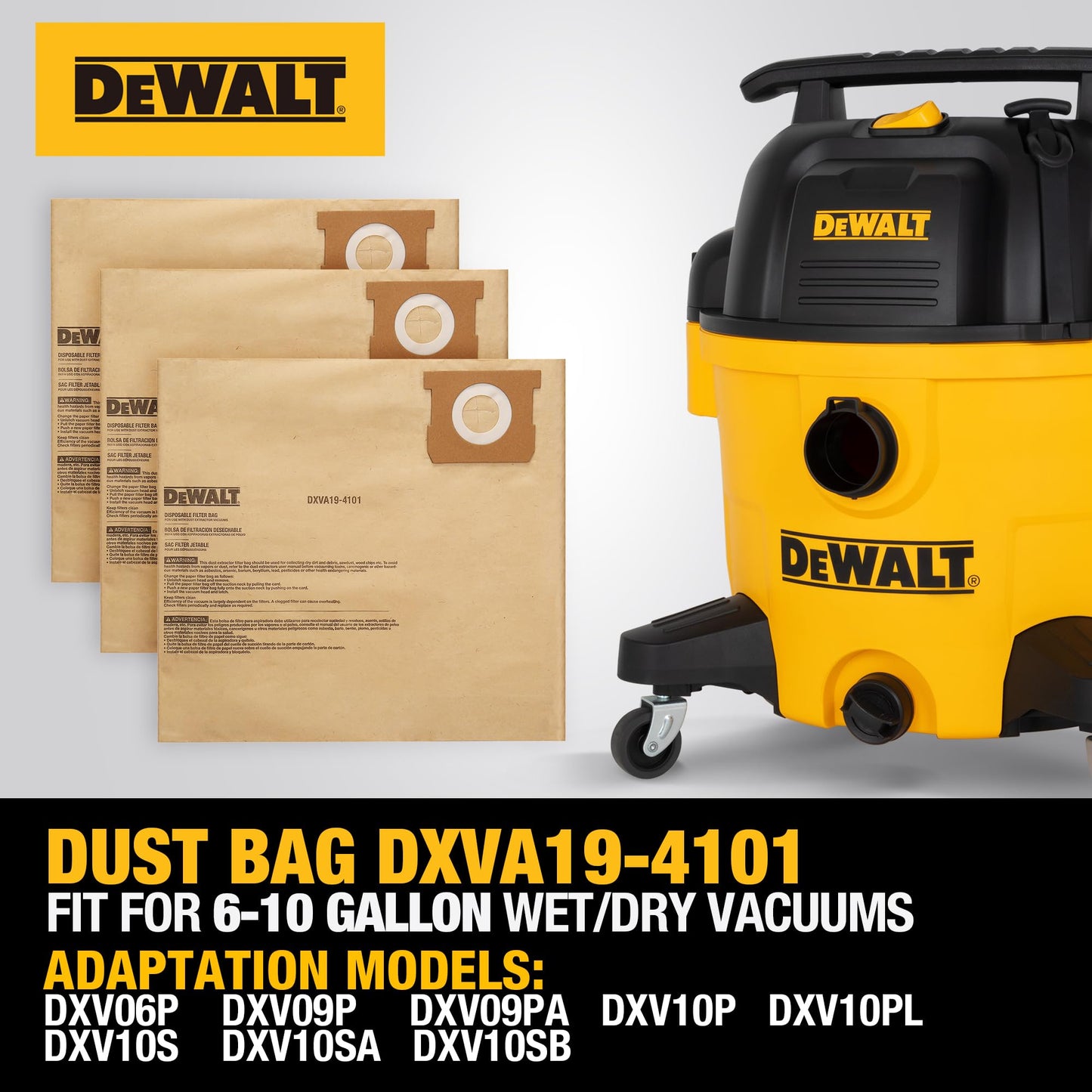 3-Pack DEWALT DXVA19-4101 Dust Bags for 6-10 Gallon Wet/Dry Vacuums, Compatible with DXV06P DXV09P DXV10P Series