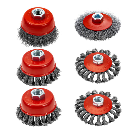 AUPREX 4 1/2" Angle Grinder Wire Wheel Set - 4 Inch & 3 Inch Knotted Coarse Crimped Wheels, Cup Brush with 5/8-11UNC Threaded Arbor