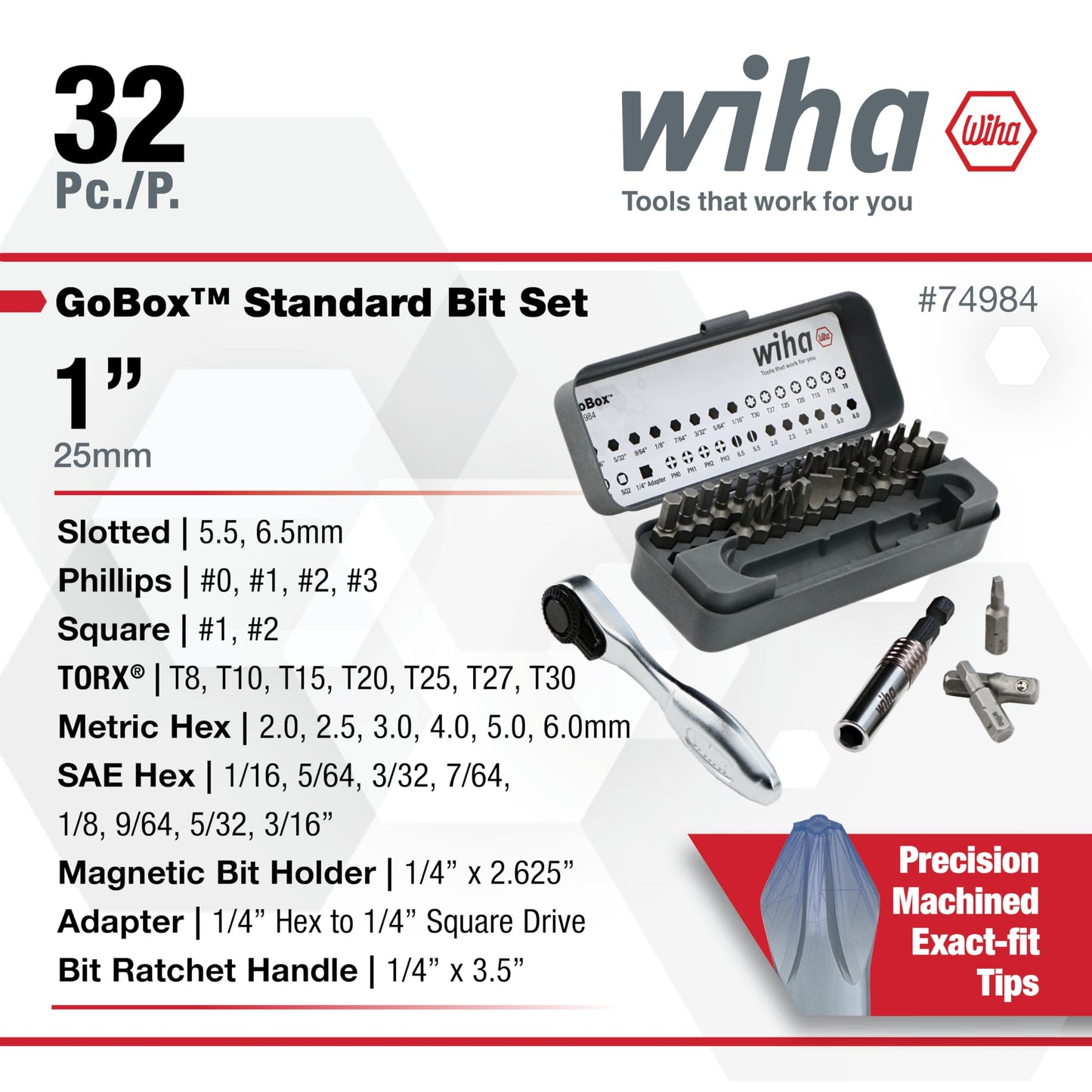 Wiha 74984 32 Piece GoBox Standard Bit Set with Mini Ratchet