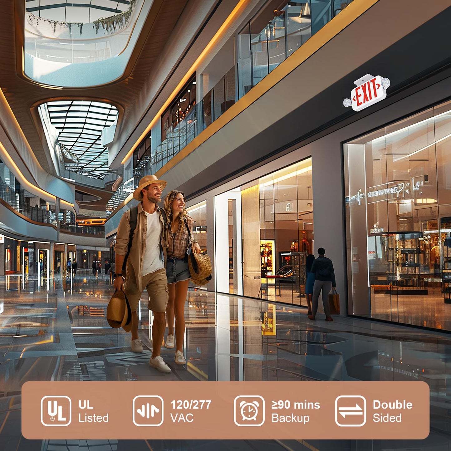 Emergency Exit Sign Light Combo 4-Pack, Double-Sided, 6 LEDs, Battery Backup, Adjustable Heads, Red, UL Listed, Wall/Ceiling Mount