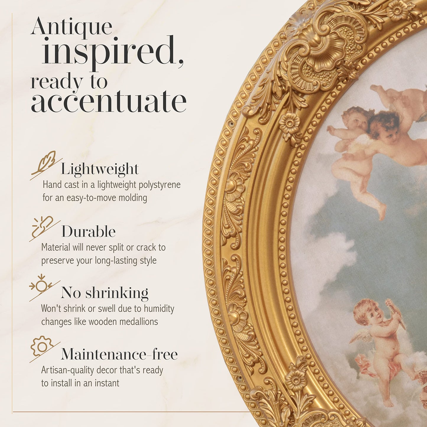 AFD Home Antique Cherubs Ceiling Medallion, Sky Blue & Gold Trim Round Chandelier Plate, 36” Decorative Polystyrene Ceiling Molding