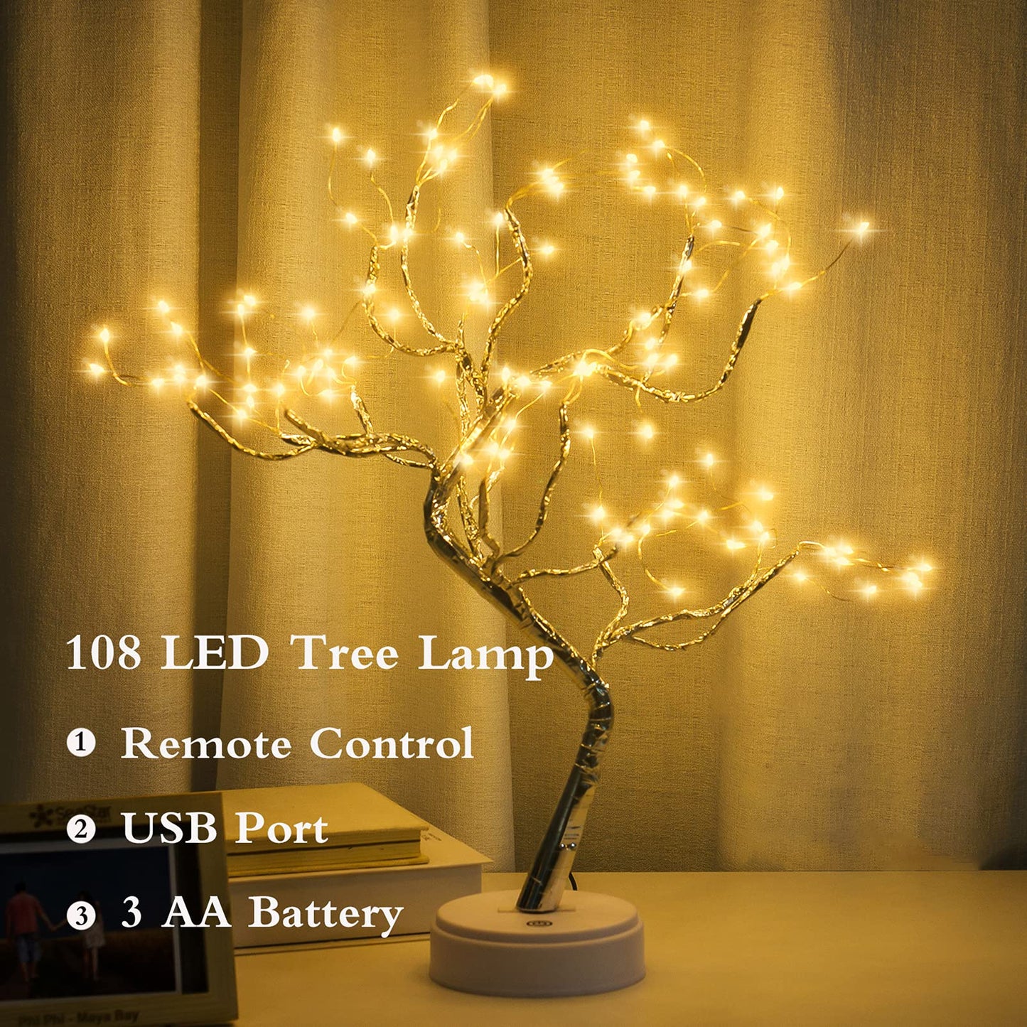 PXBNIUYA 108 LED Sparkly Fairy Tree Lamp, Warm White, Remote Control, USB/Battery, 8 Modes, DIY Bonsai Decor, Festival Decoration Light