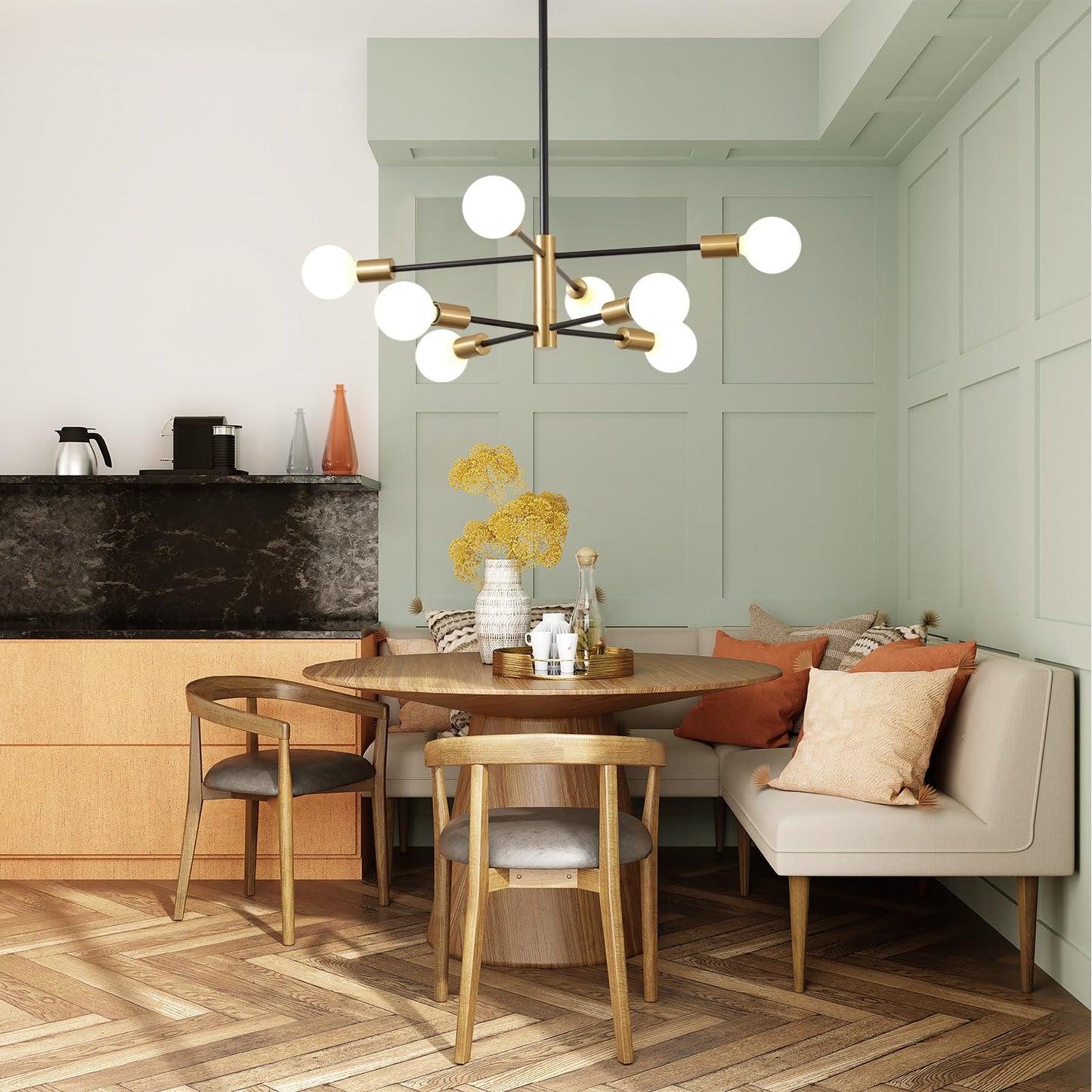 KAISITE 8-Light Modern Sputnik Chandelier, Height Adjustable Mid-Century Black & Gold Ceiling Light for Bedroom, Living & Dining