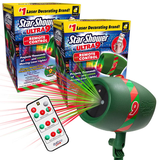 Star Shower Ultra 9 Outdoor Christmas Laser Projector, 2-Pack w/ Remote, 9 Patterns, 3 Color Modes, Covers Up to 3200 Sq Ft