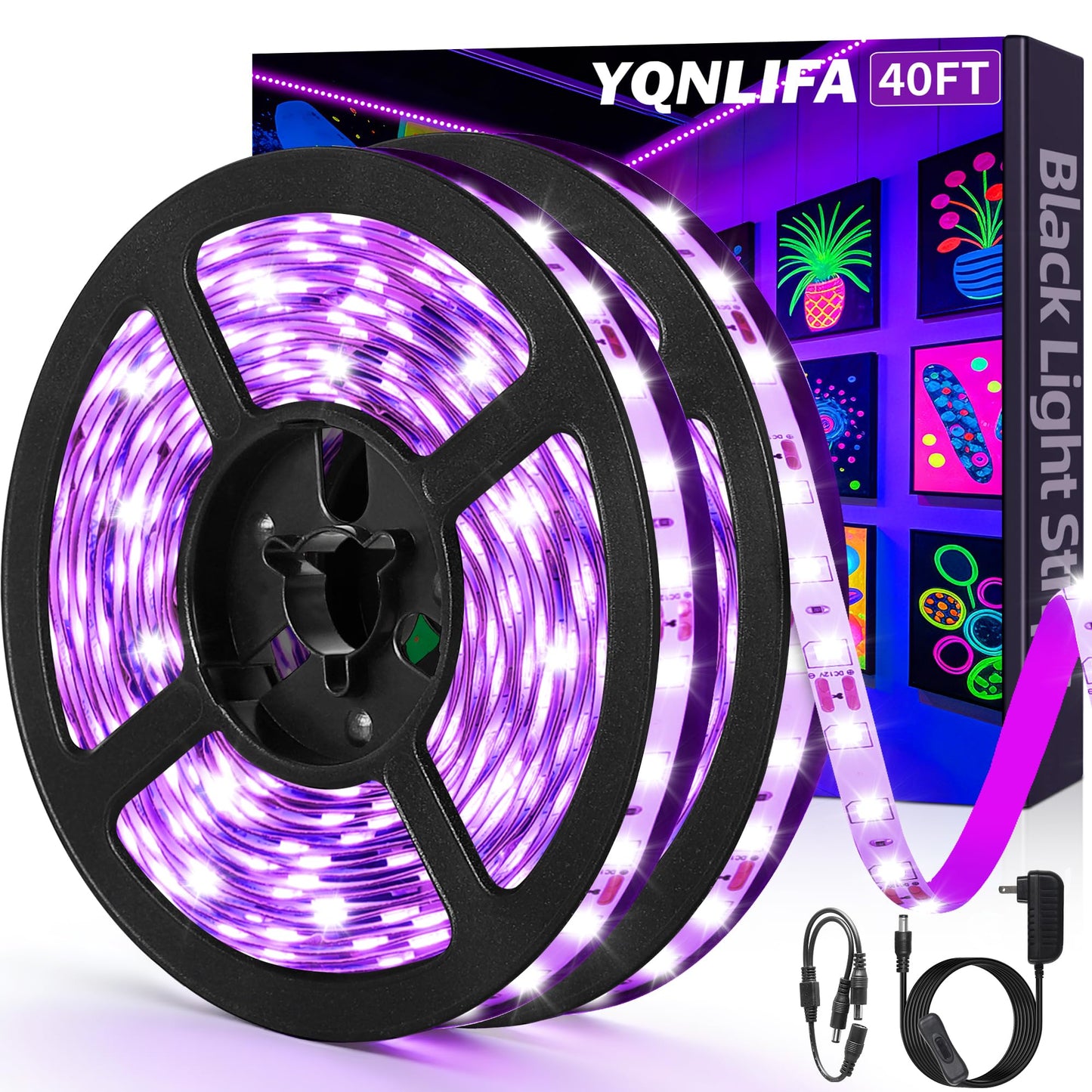YQNLIFA 40FT Black Light Strip, 720 LED Flexible Adhesive UV Light for Halloween, Neon Party, Resin Curing, Posters & Glow Decor