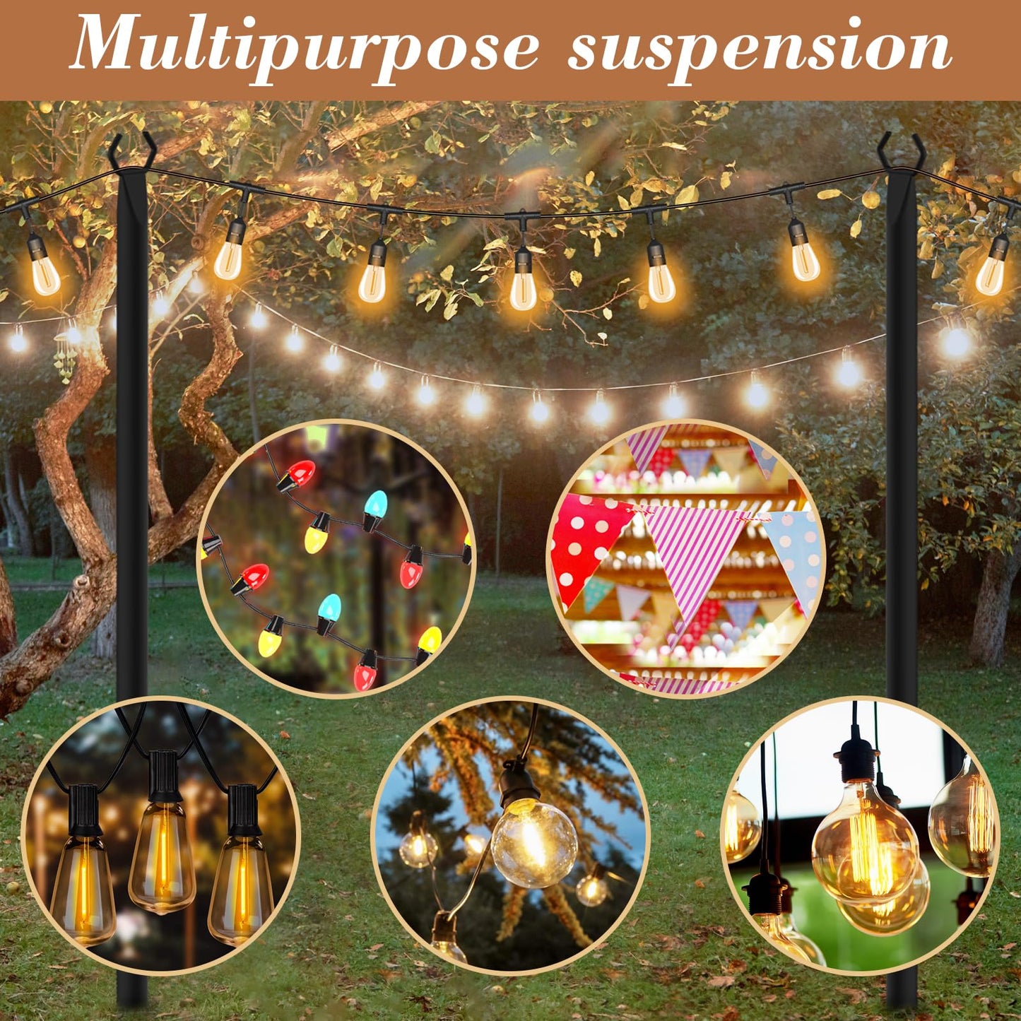 NUERPO 7-Pack 10ft Metal String Light Poles for Outdoor Hanging Lights, Garden, Patio, Backyard, Wedding, Deck, Party Stands