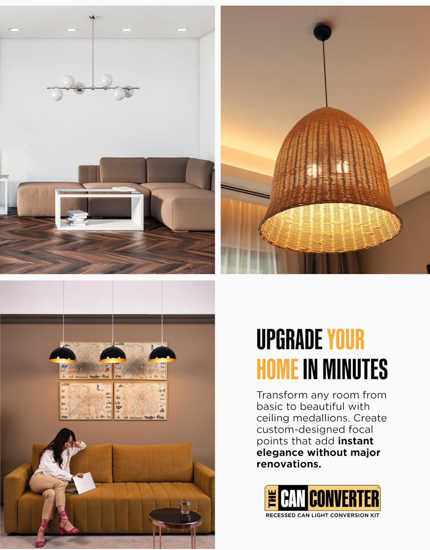 Can Converter Ceiling Medallion for 5"-6" Recessed Lights – Decorative Steel Beveled Goof Ring & Cover Plate, Brushed Brass