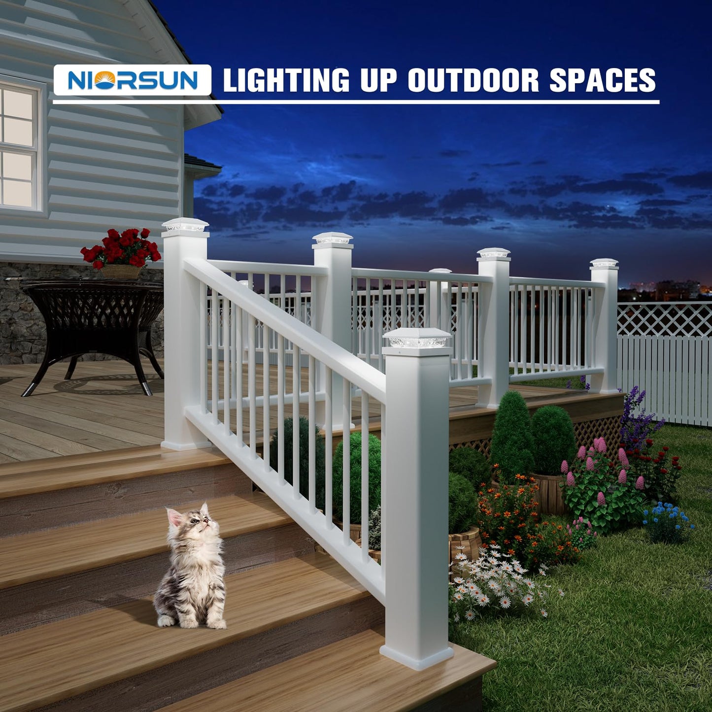 NIORSUN 12-Pack Solar Post Lights for Outdoor Fence & Deck, Cool White, Waterproof, Fits 4x4 & 5x5 Posts, Garden Patio Decor