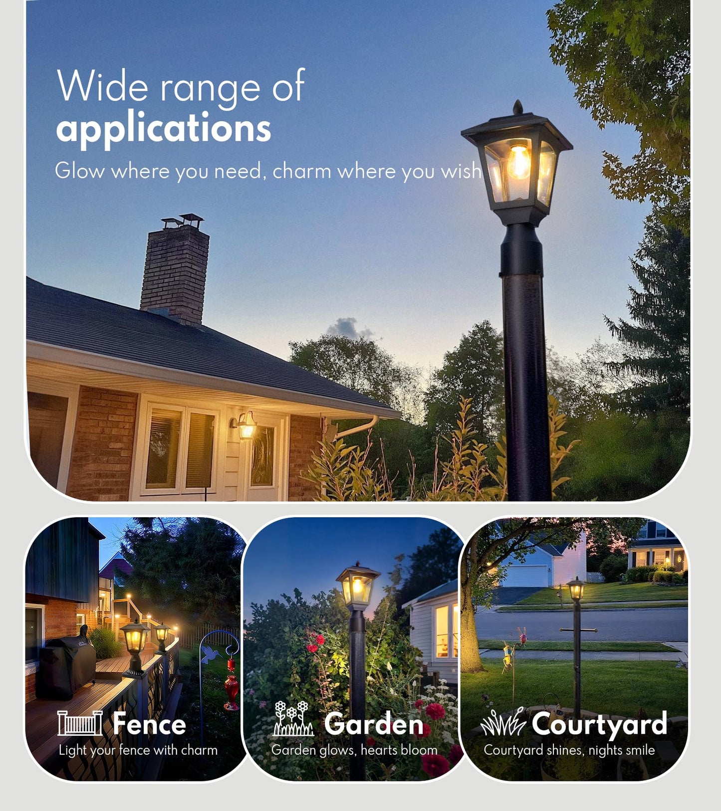 PASAMIC Solar Post Lights 2 Pack, 3000K Warm White Dusk to Dawn Outdoor Solar Fence & Garden Pillar Lights, Waterproof Aluminum Base, Bonus Bulb Included